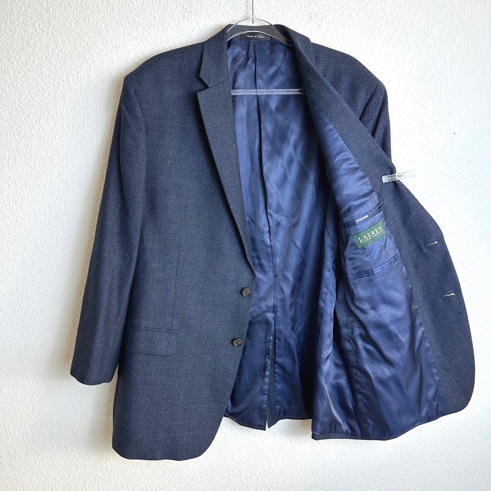 Lauren Ralph Lauren Mens 46R Navy Blue Glen Plaid 100% Wool Blazer Sport Coat